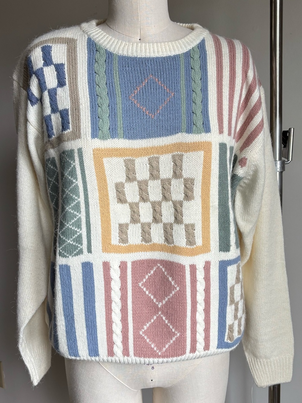 NWT Vintage 80s90s Alfred Dunner Pastel Patchwork Plaid Crewneck Shoulderpads XL